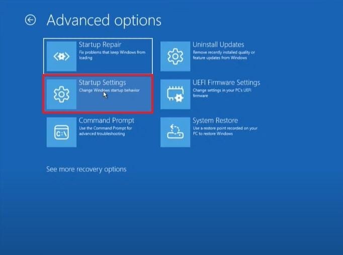 get startup settings option