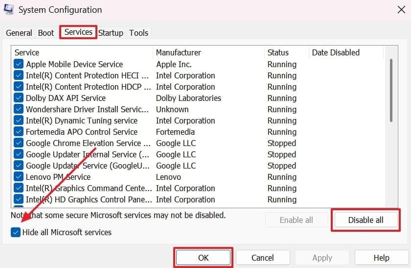 hide microsoft services and disable all