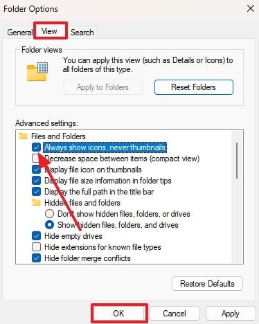 disable thumbnails and click ok
