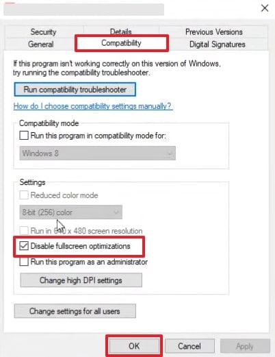 disable fullscreen optimizations