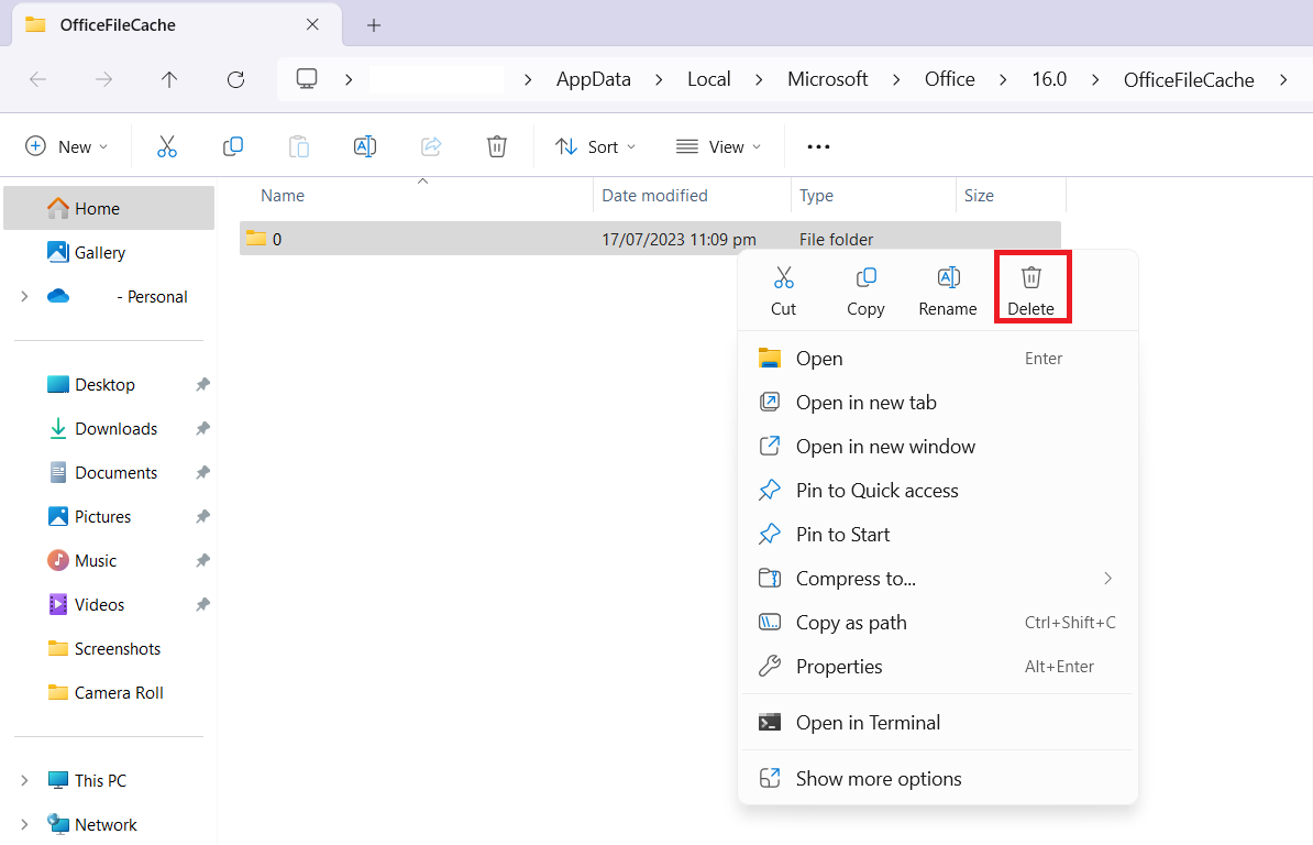 delete office cache