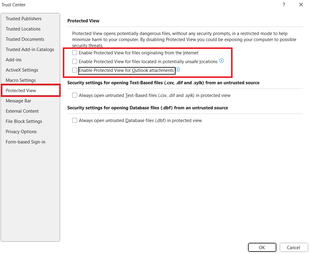 disable protected view