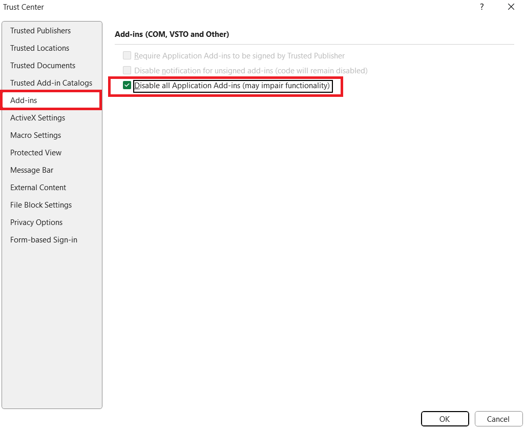 disable all application add-ins