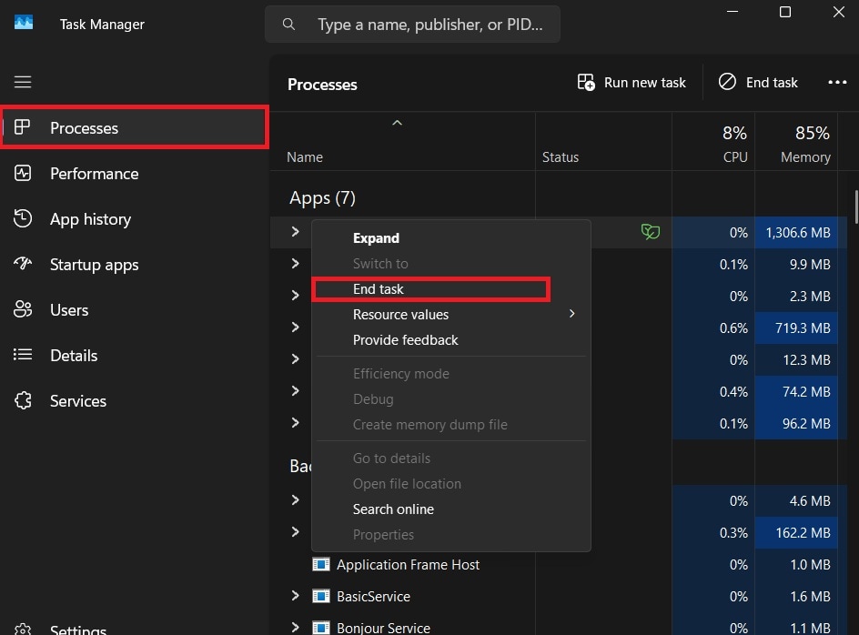 processes tab end task