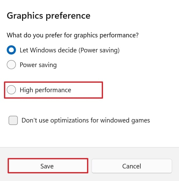 save high performance graphic preference