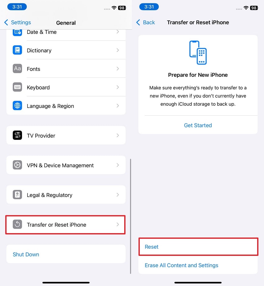transfer or reset iphone settings