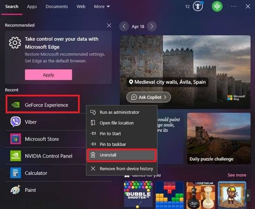 uninstall geforce experience