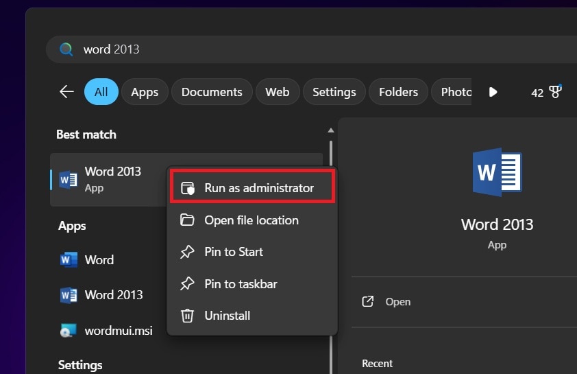 run office app as administrator