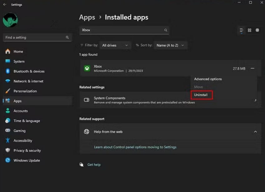 uninstall xbox app