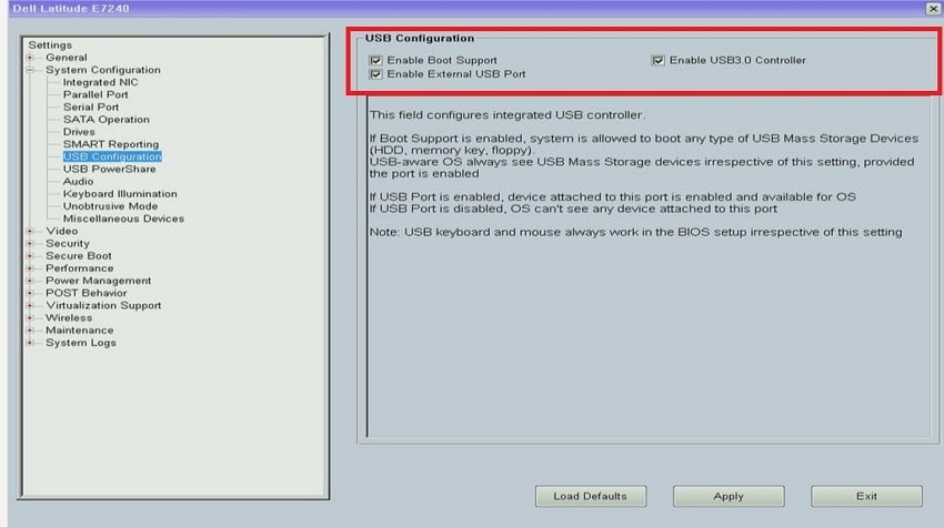 enable usb configuration from bios settings