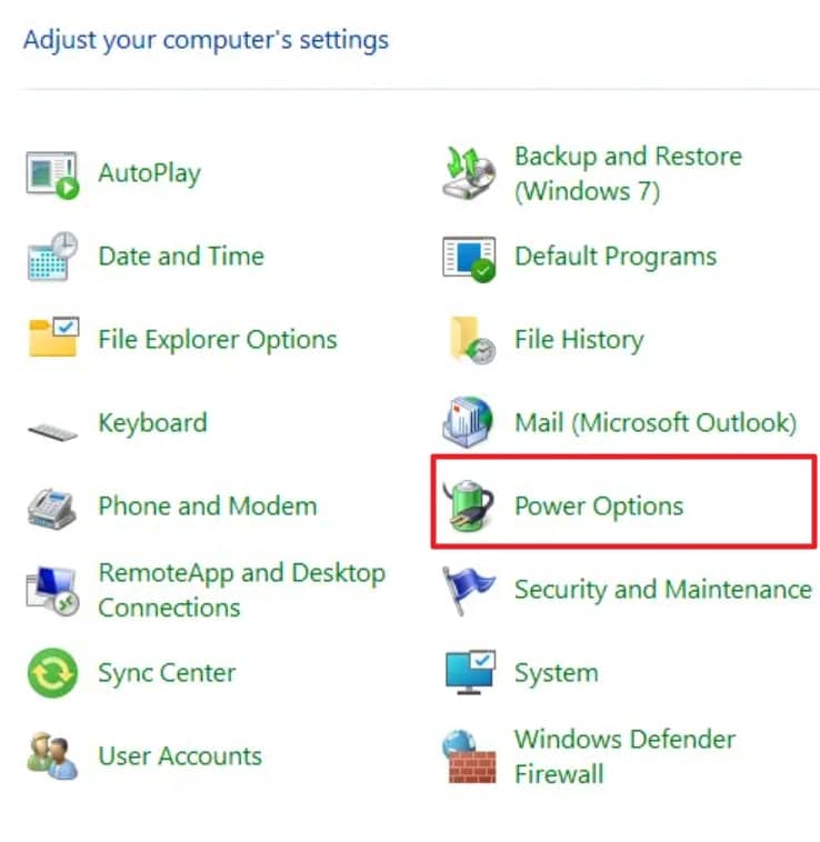 access power options settings