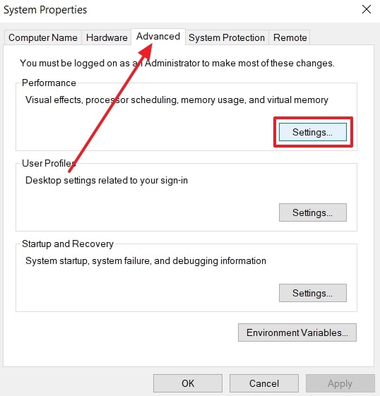 access advanced performance settings