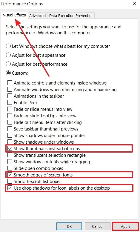 check visual effects options and apply