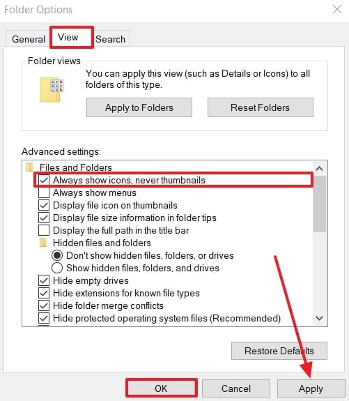 apply always show icons never thumbnail