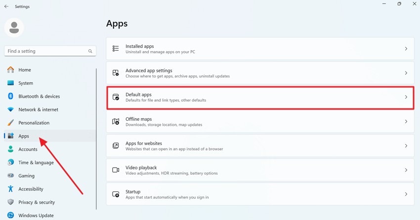 access default apps settings