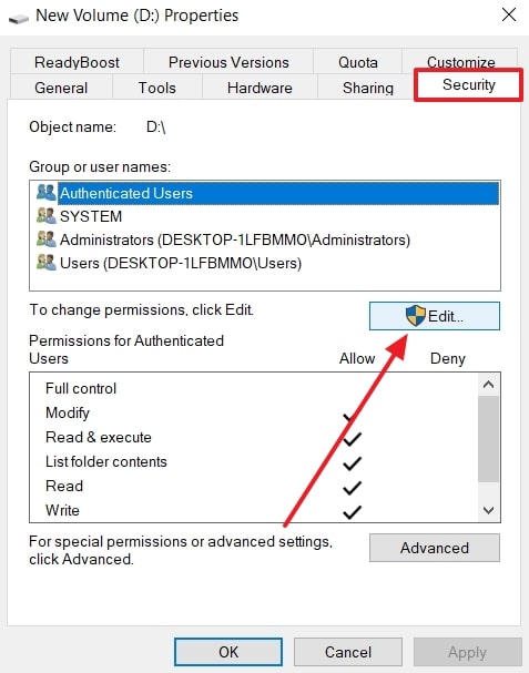 click edit from security