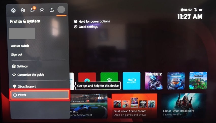 access power option xbox profile