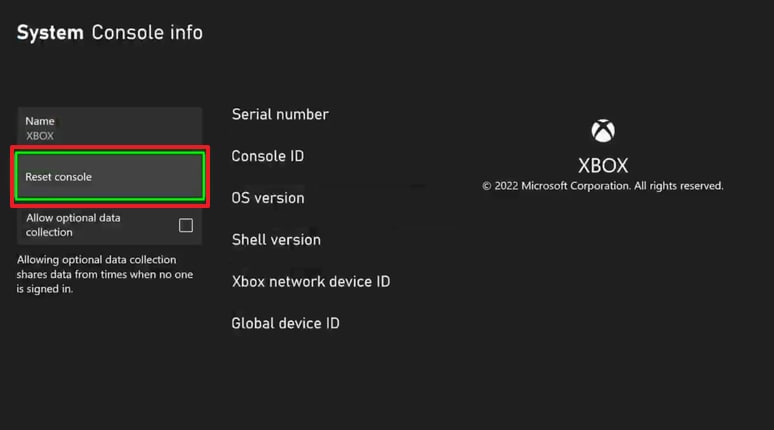 select reset console option