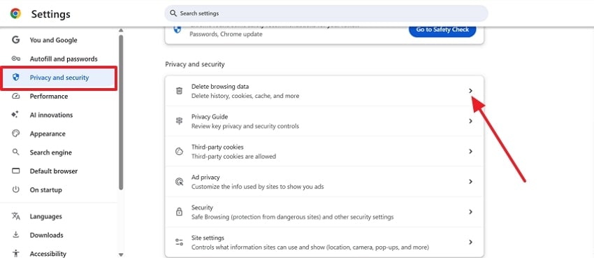 move towards delete browsing data