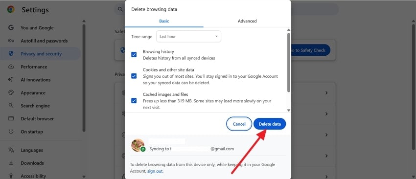 click delete data button
