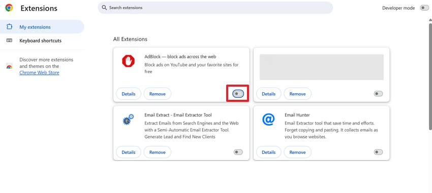 disable troubling extensions