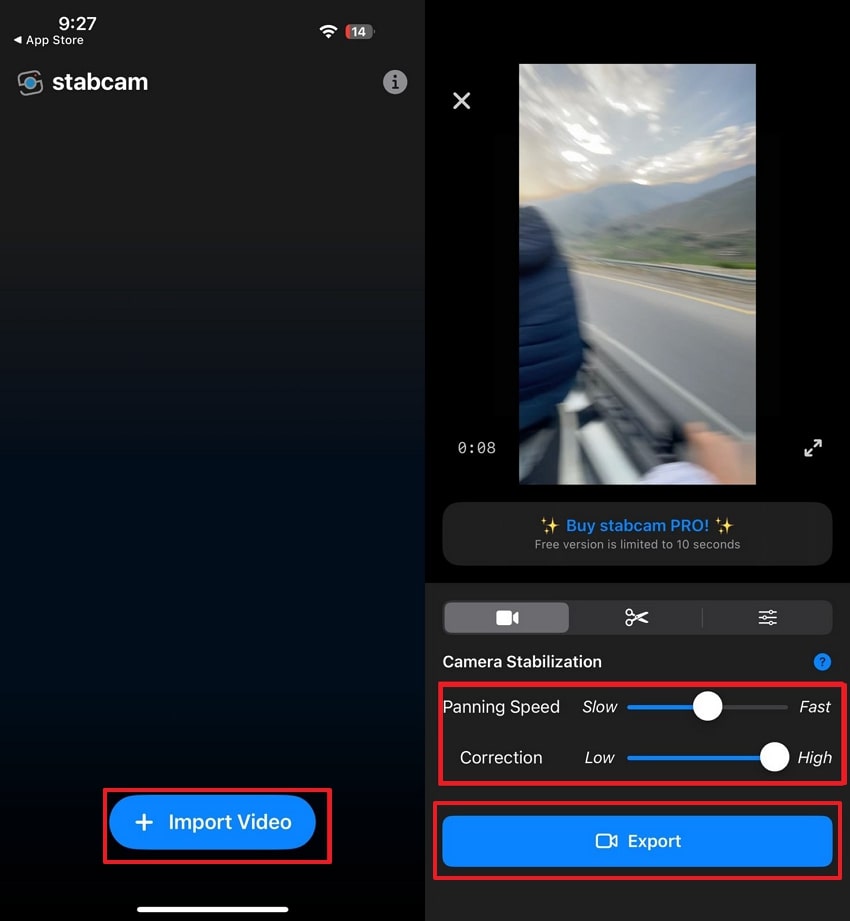 import video and adjust stabilization settings