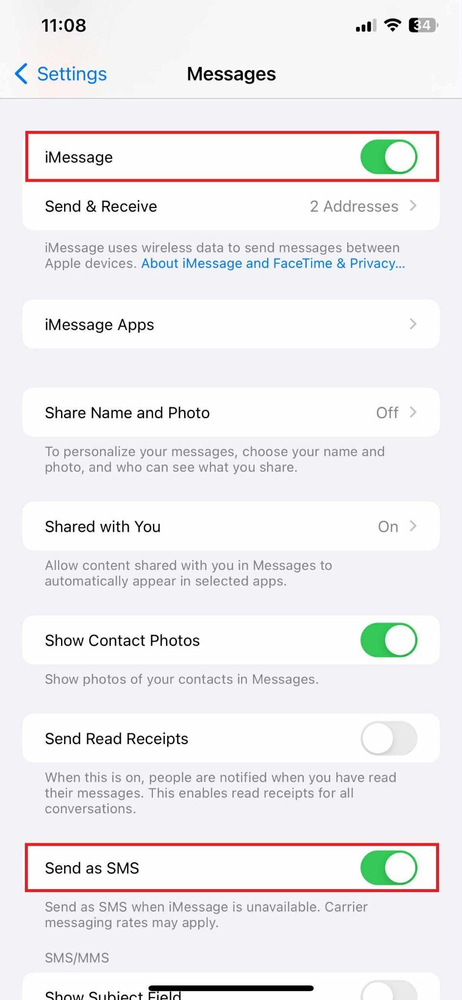 turn imessage and send as sms on