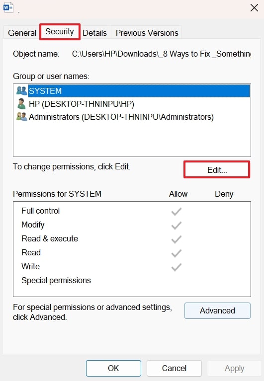 edit security properties