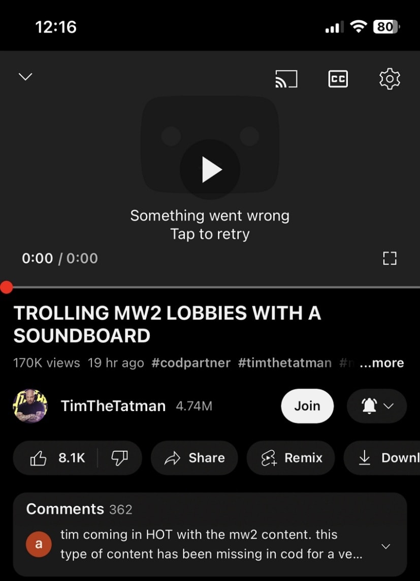 something went wrong youtube error