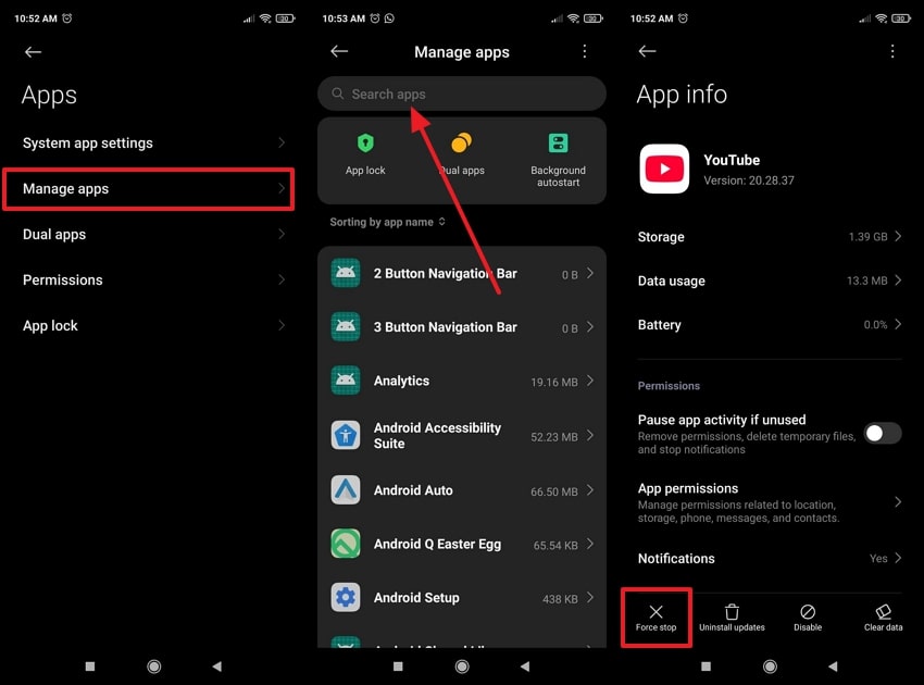 force quit youtube android settings