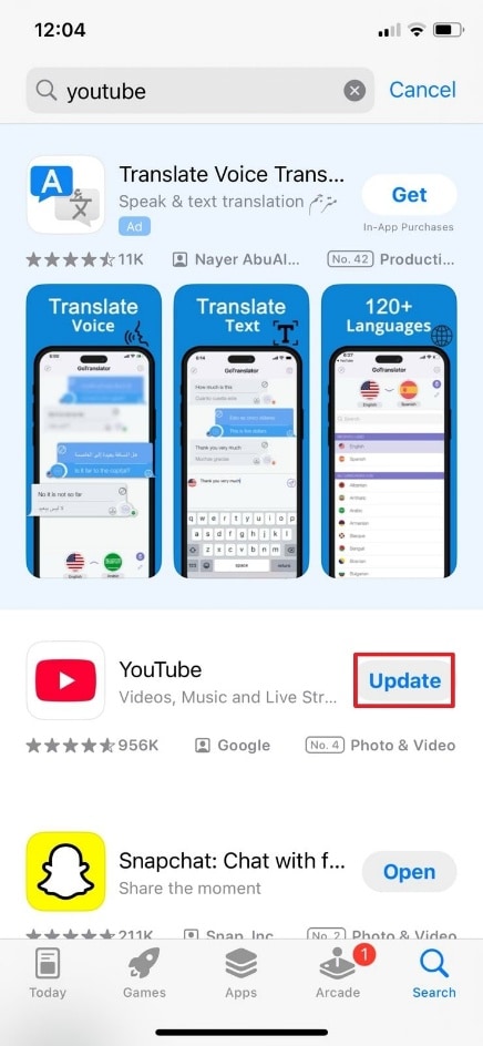 continue to update youtube app store