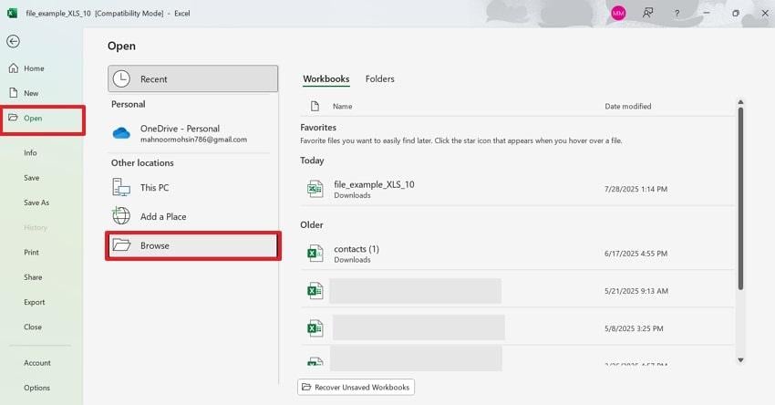 browse excel file