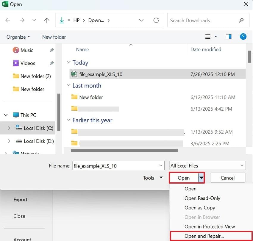 open and repair excel