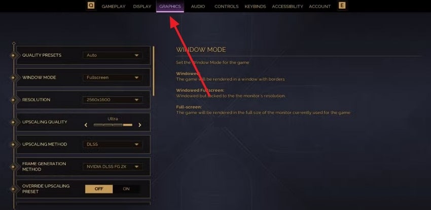 tap graphics tab in game