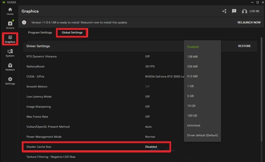disable shader cache size