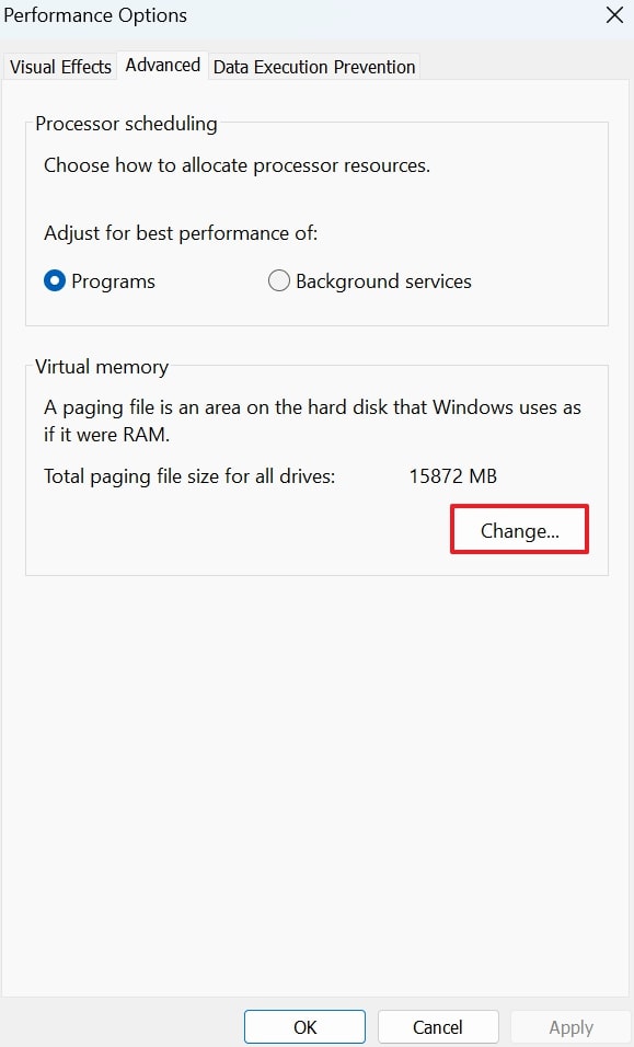 change virtual memory section