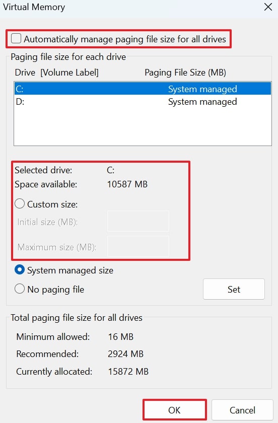pick custom size and ok