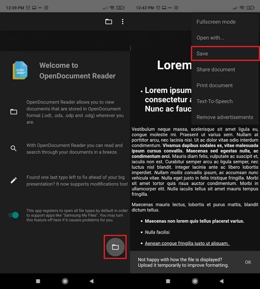 continue to open odt in android