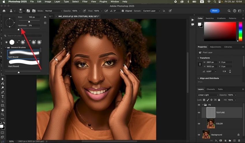adjust brush and paint over area