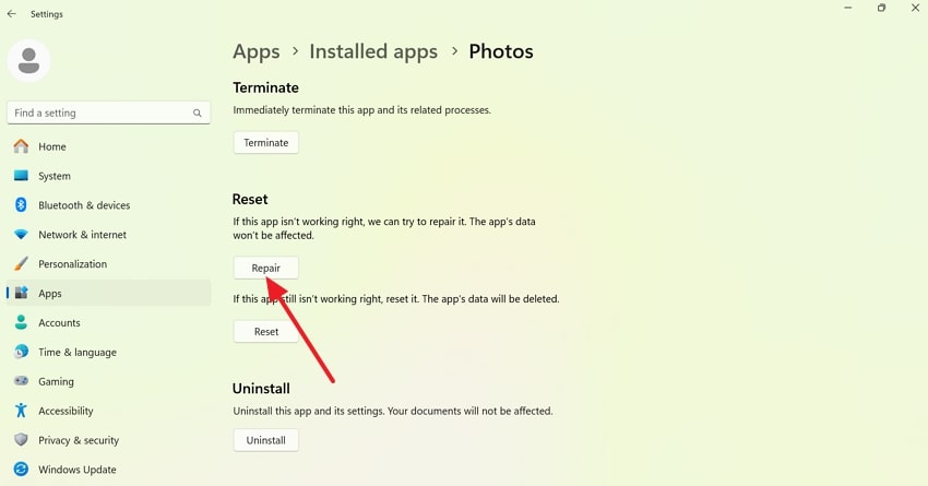 click repair microsoft settings