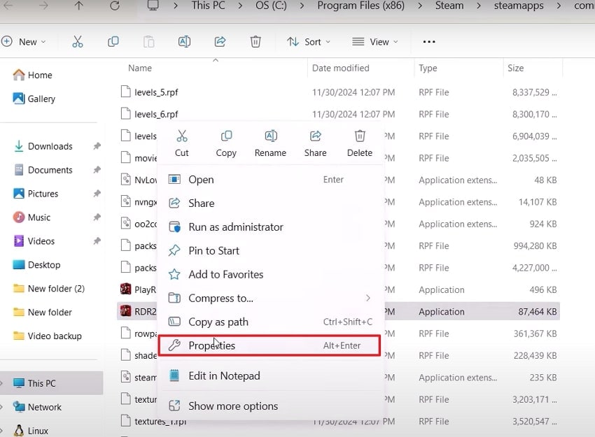 access game files and properties option