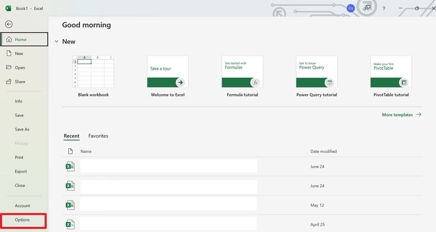 open options settings excel