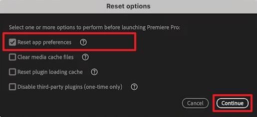 reset app preferences and continue