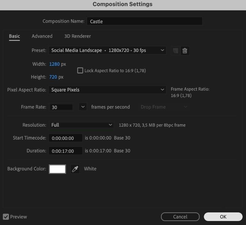 adjust composition and render settings