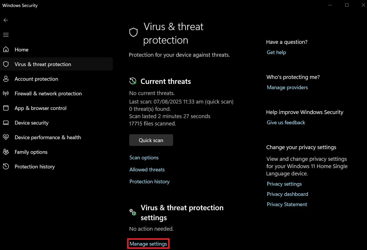 manage virus and threat protection settings
