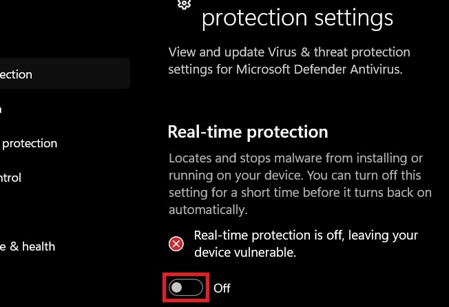off real time protection