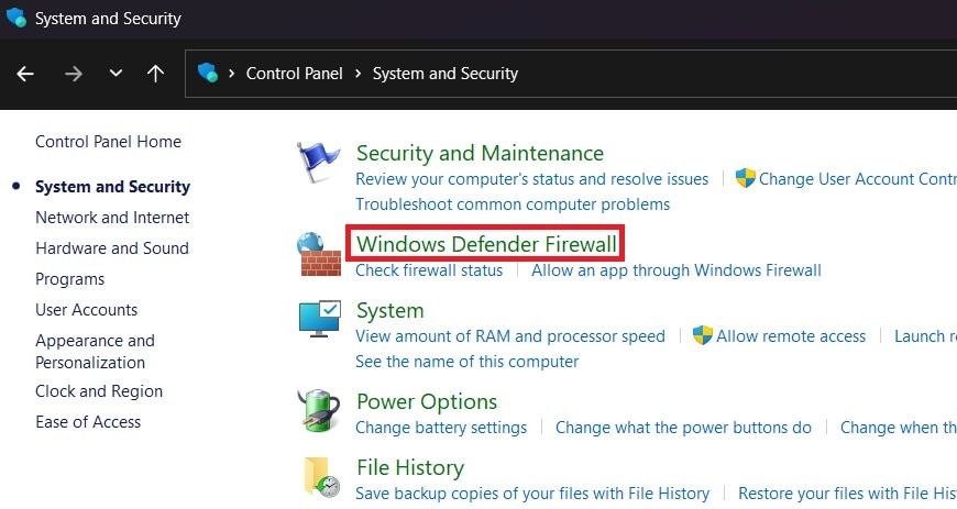 windows defender firewall settings