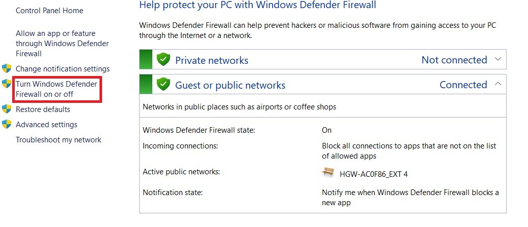 turn windows defender firewall on or off