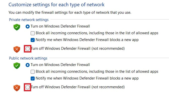 turn off windows defender firewall