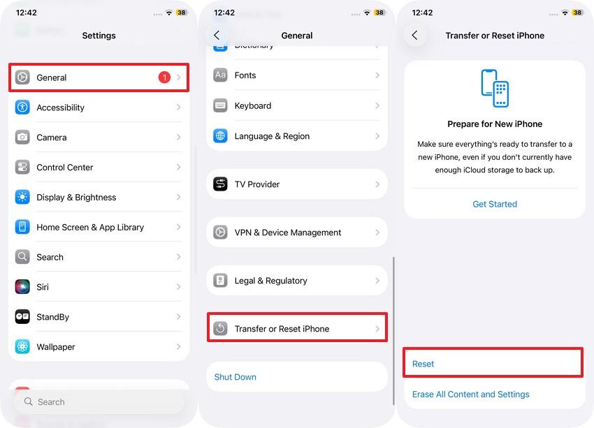 reset from iphone general settings
